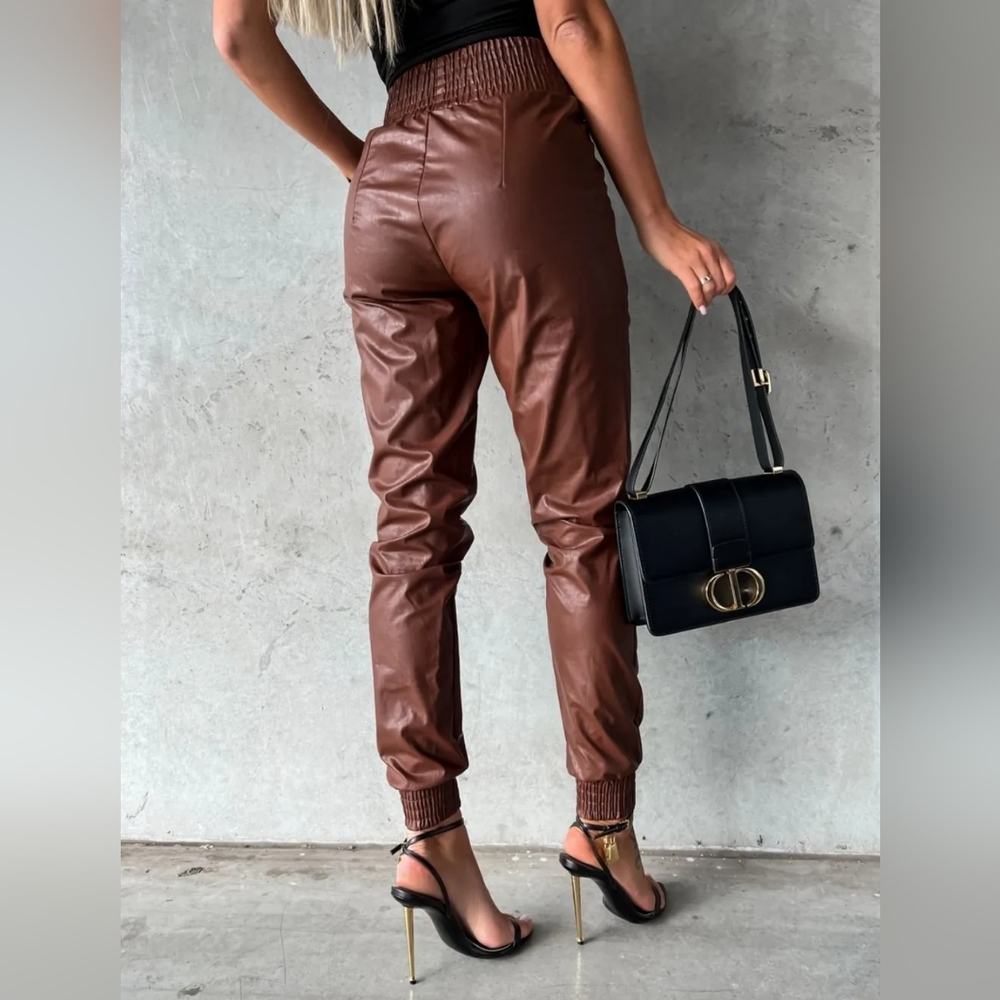 Brown Smocked High Waist Pants with Pockets - Picture 3 of 3